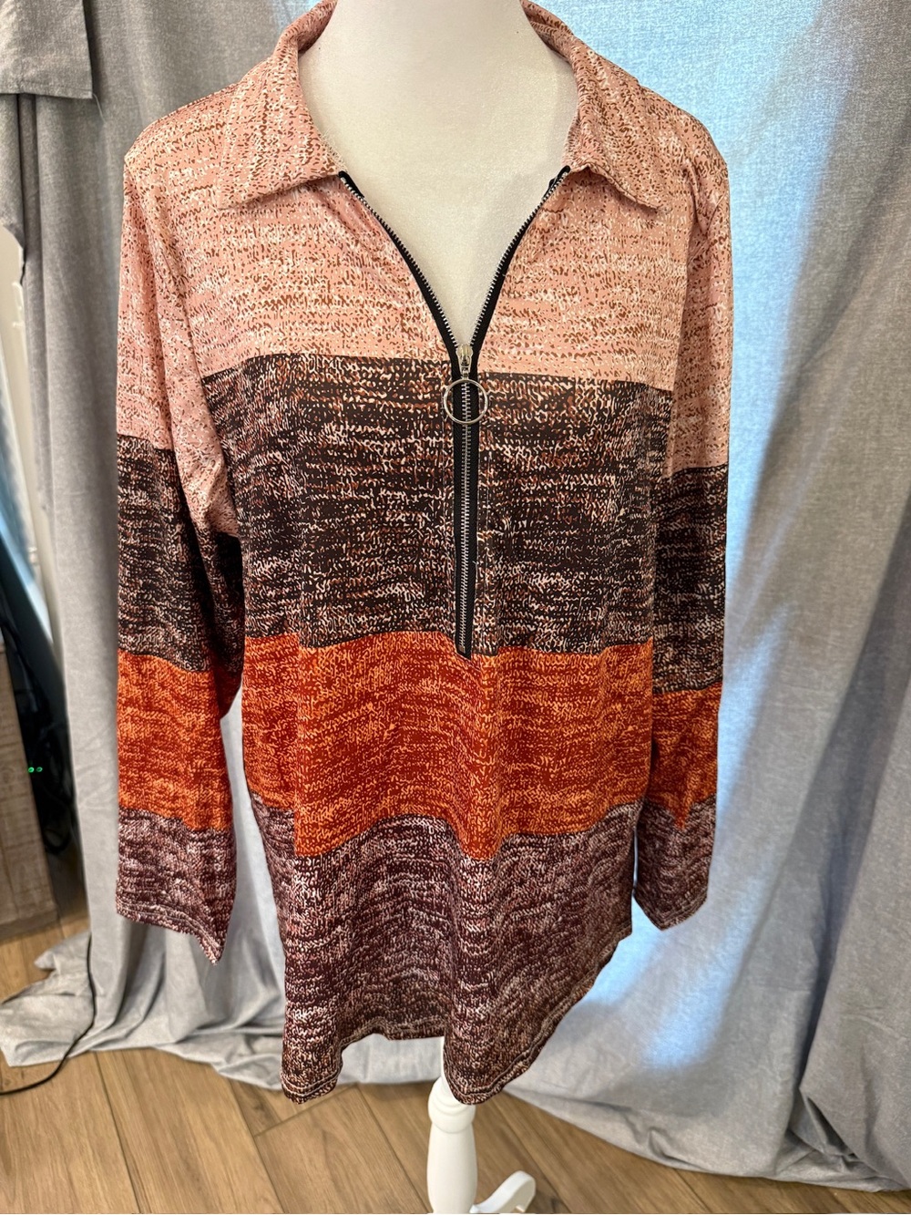 1XL NWOT Fall Color Block Stripe Half Zip Collared Sweatshirt Retro Boho